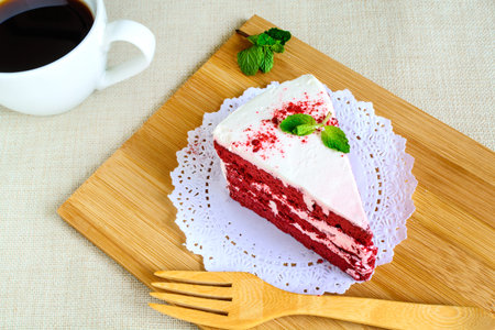 Close up of Red velvet cake on tableの写真素材