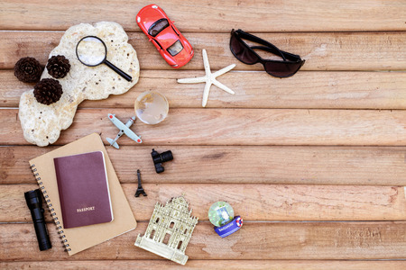 Travel concept on wooden background with copy spaceの写真素材
