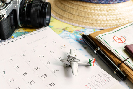 diary and calendar with passport, Travel planningの写真素材
