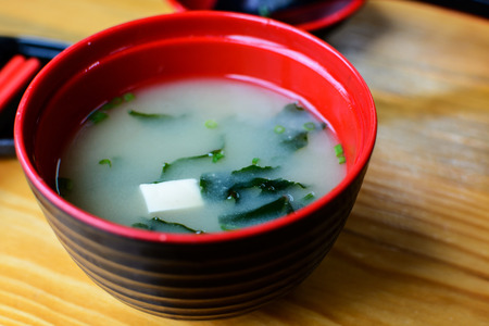 Close up of Miso soup, Japanese Food on wooden tableの写真素材
