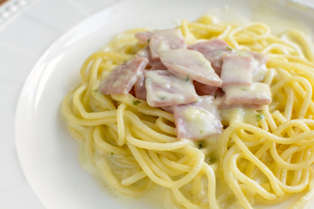Close up of Spaghetti Carbonara with hamの写真素材