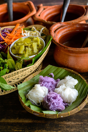 Local Rice vermicelli noodle and curry sauce with vegetable (Kanom Jeen Nam Ya), Thai foodの写真素材