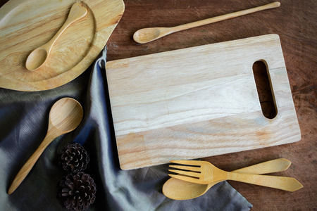 wooden utensil in kitchen on old wooden background with copy spaceの写真素材
