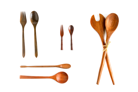 Various Wooden kitchen utensils Isolated on white backgroundの写真素材