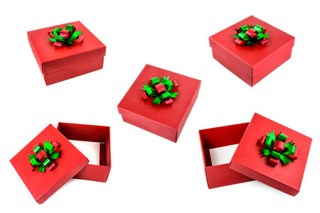 Red gift box in different point of view isolated on white background