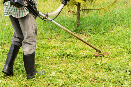 lawn mower worker cutting grass in garden with the weed trimmer