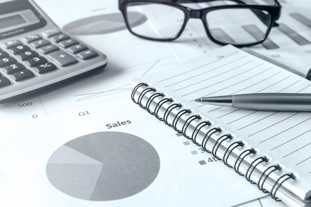 Desk office business financial accounting calculate, Monochrome
