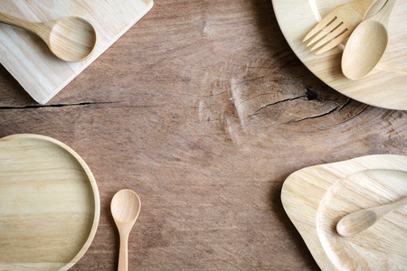 wooden utensil in kitchen on old wooden background with copy spaceの写真素材