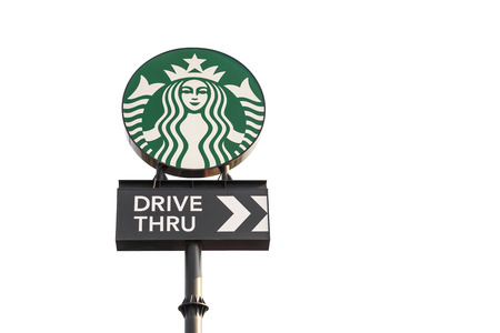 BANGKOK, THAILAND - May 1 :the Starbucks drive thru sign at The Paseo Park New Japanese style community mall at Kanchanapisek Road in Bangkok, Thailandのeditorial素材