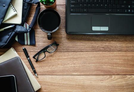 men accessories on old wooden background, Business themes with copy space, Top viewの写真素材