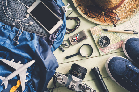 Overhead view of Traveler's accessories and items, Travel conceptの写真素材