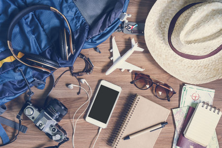 Overhead view of Traveler's accessories and items, Vintage tone, Travel concept