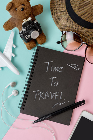Outfit of traveler on color background with copy space, Travel conceptの写真素材