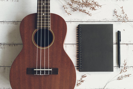 Close up of ukulele with dried flower on old wooden backgroundの写真素材