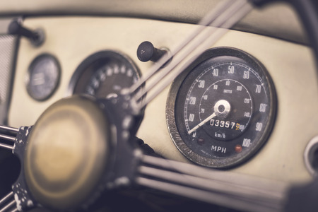 Close up on steering wheel, Classic car interior, Vintage toneの写真素材