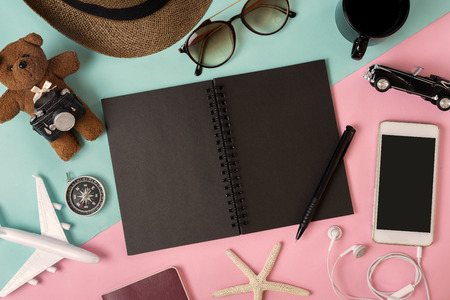 Outfit of traveler on color background with copy space, Travel conceptの写真素材