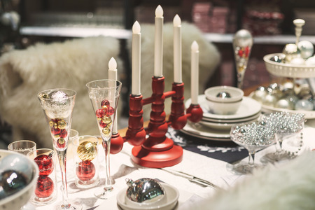 Home decorated christmas dining tableの写真素材