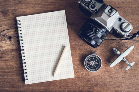 Overhead view of Traveler's accessories and items with notebook and copy space, Travel conceptの写真素材