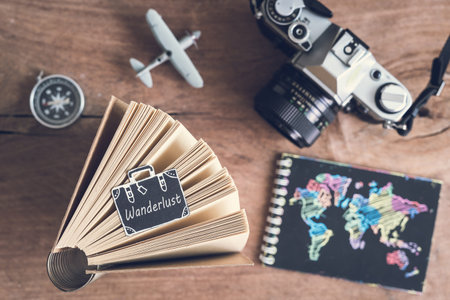 Overhead view of Traveler's accessories and items and copy space, Travel concept