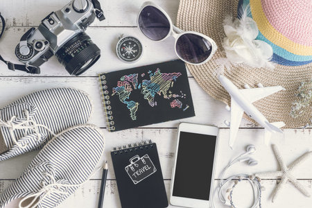 Overhead view of Traveler's accessories and items and copy space, Travel concept