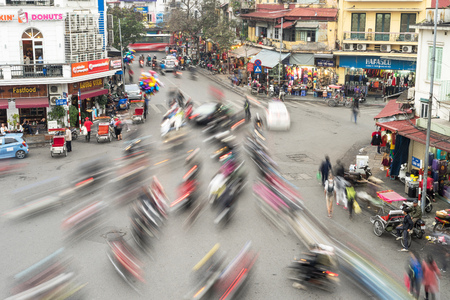 Hanoi, Vietnam - February 15, 2017: Aerial view of traffic jam in rush hour, crowd of citizen transport at old quarter in Hanoi, Vietnamのeditorial素材