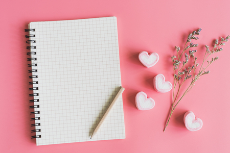 Blank notebook with heart shape candy and dried flower on pink backgroundの写真素材