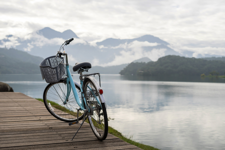 Bicycle with the beautiful view at the sun moon lake bike trail in the morningの写真素材