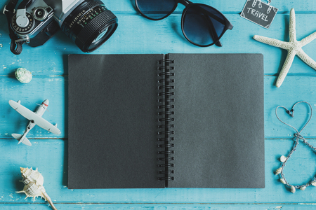 Overhead view of Traveler's accessories and items with notebook and copy space, Travel conceptの写真素材
