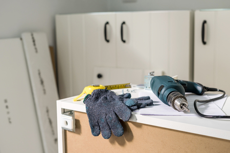 Electric tools and equipment diy instrallation kitchen at new homeの写真素材