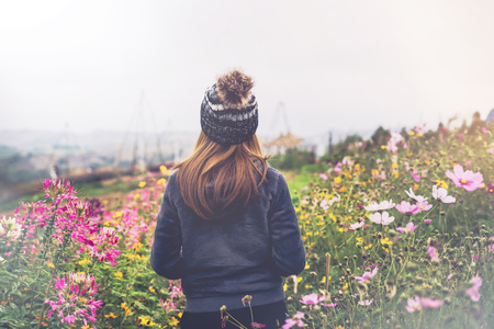 Young woman traveler walking in the flower field on the mountainの写真素材