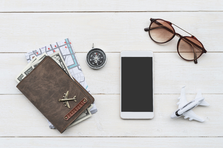 Traveler accessories with smart phone and passport, Travel conceptの写真素材