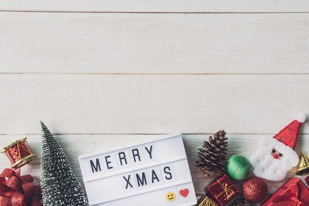 Christmas decoration on white wooden background with copy spaceの写真素材