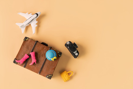 Miniature travel accessories and items with copy space, Travel conceptの写真素材
