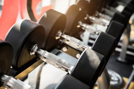 Rows of dumbbells on a rack in a gymの写真素材