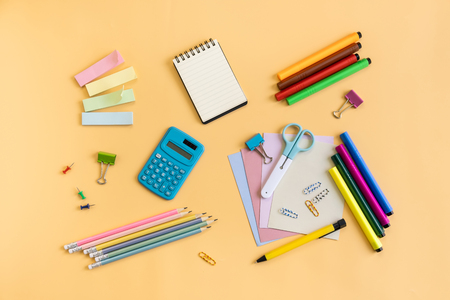 School supplies stationery equipment on color background with copy space, Back to school conceptの写真素材