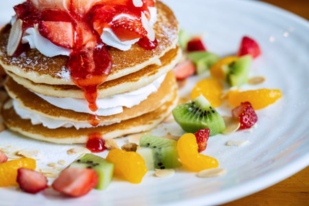 Close up of mix fruit pancake and strawberry jam