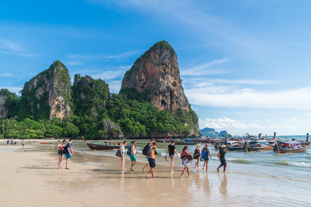 Krabi, Thailand -  July 15, 2019: Tourists enjoying a summer vacation at tropical sand beach in Krabi, Thailandのeditorial素材