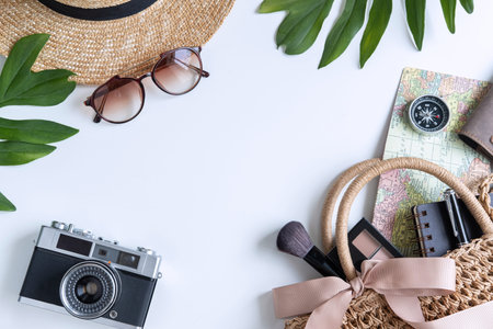 Woman and travel accessories with make up, cosmetics, brush and camera, Top view