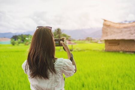 Young woman traveler taking a photo at beautiful green paddy fieldの写真素材