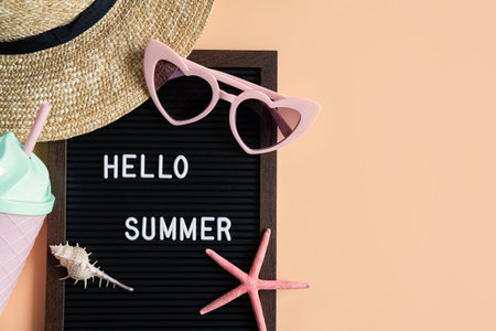 Travel accessories items on color background, Summer vacation concept
