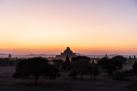 Beautiful sunset over ancient pagodas field at bagan in Myanmar
