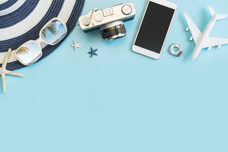 Travel accessories items on color background, Summer vacation conceptの写真素材