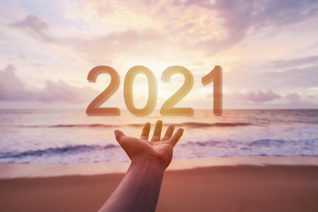 Beautiful sunset at tropical beach in summer with new year 2021 concept
