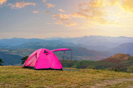 Beautiful landscape at sunset and camping on the mountain, Adventure travel lifestyle conceptの写真素材