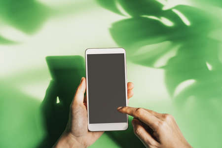 Hand holding empty screen smart phone with shadow of tropical green leave on color background with copy space, Top viewの写真素材