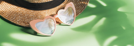 Hat and sunglasses with shadow of tropical green leave on color background with copy space, Summer...