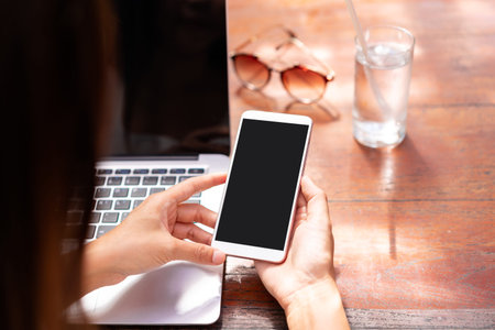 Young woman freelancer traveler working online using laptop while traveling on vacation, Freelance...