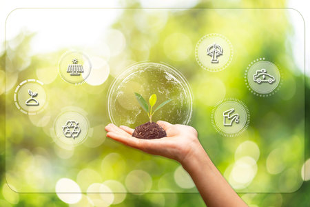 Hand holding young plant against green nature leaves background with icons energy sources for...