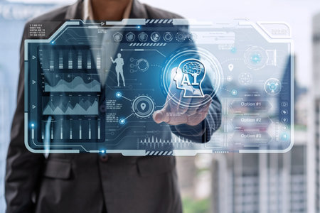 Business people working with Artificial Intelligence (AI) in the futuristic business, Machine...