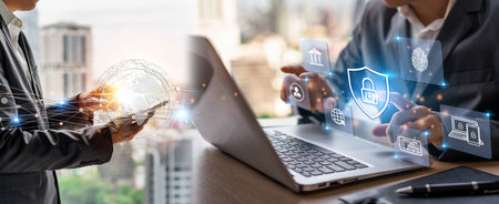 Businessman using smart devices with global network connection and cyber security business data protection technology, Banner panoramaの写真素材